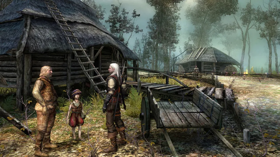 Geralt talks with villagers next to a wooden hut and a cart in the first Witcher game