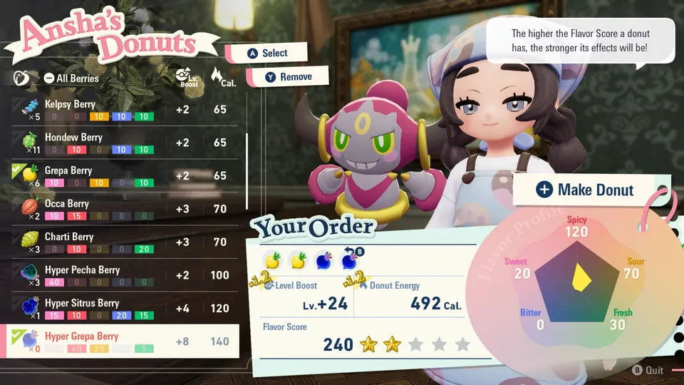 Ansha's Donuts menu lists Berries and their flavor scores next to Hoopa and the baker Ansha in Pokémon Legends: Z-A Mega Dimension