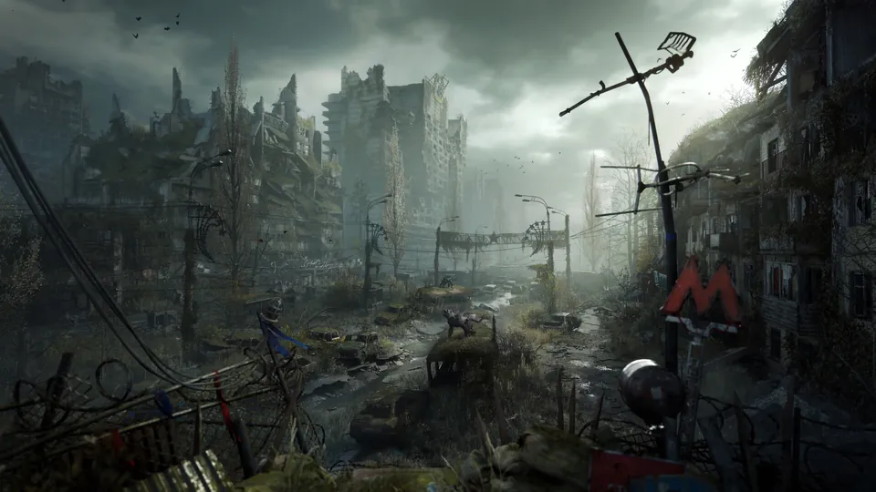 Ruined, overgrown Moscow buildings under a stormy sky, with a red Metro sign by a flooded street, in Metro 2039