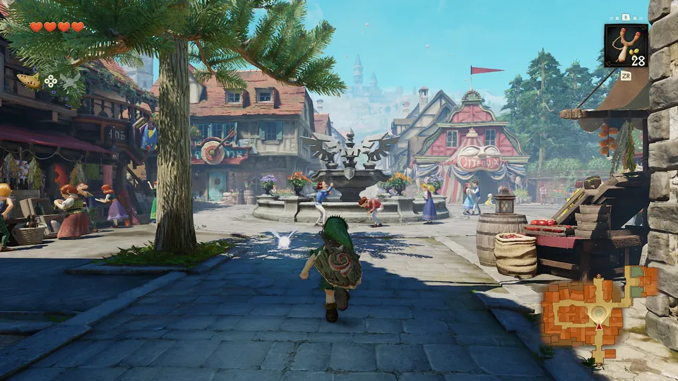 Link runs down a busy town street in Ocarina of Time for Switch 2