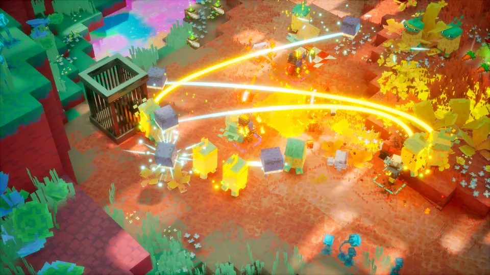 Heroes fire golden energy beams at a crowd of mobs in a colorful, rocky landscape in Minecraft Dungeons II