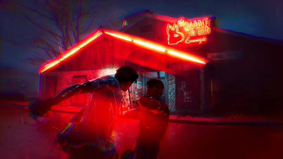 Two Civilians struggling under the red neon of the Rabbit in Red Lounge at night in Halloween: The Game