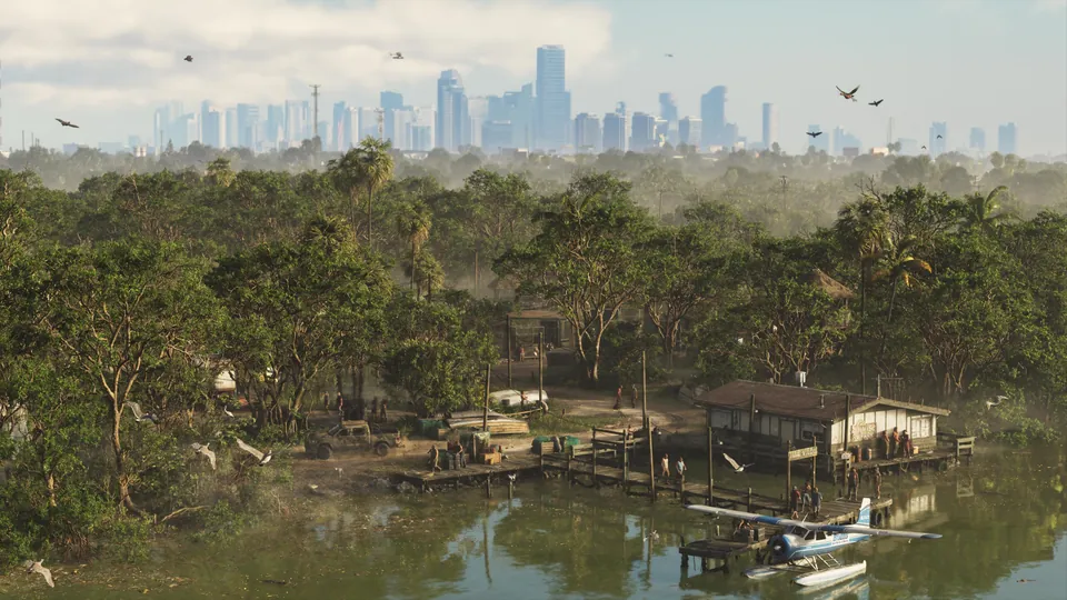 Swamp with a wooden dock and seaplane, the Vice City skyline in the distance