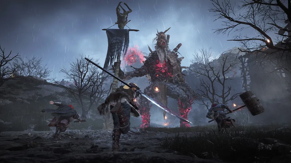 Three warriors fight a giant demon with a war banner in the rain in Wo Long 2