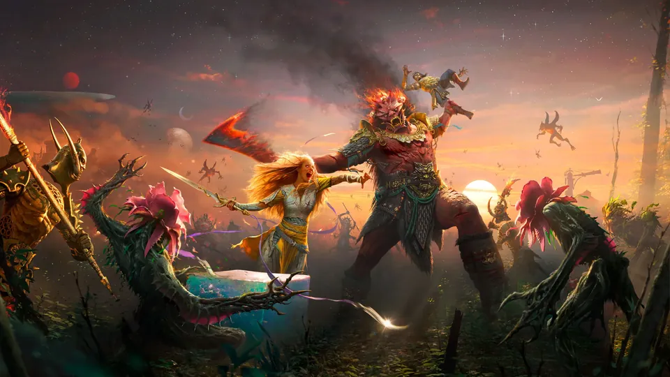 God of War Laufey key art: Faye leaps with her sword at a giant red god on a battlefield at sunset