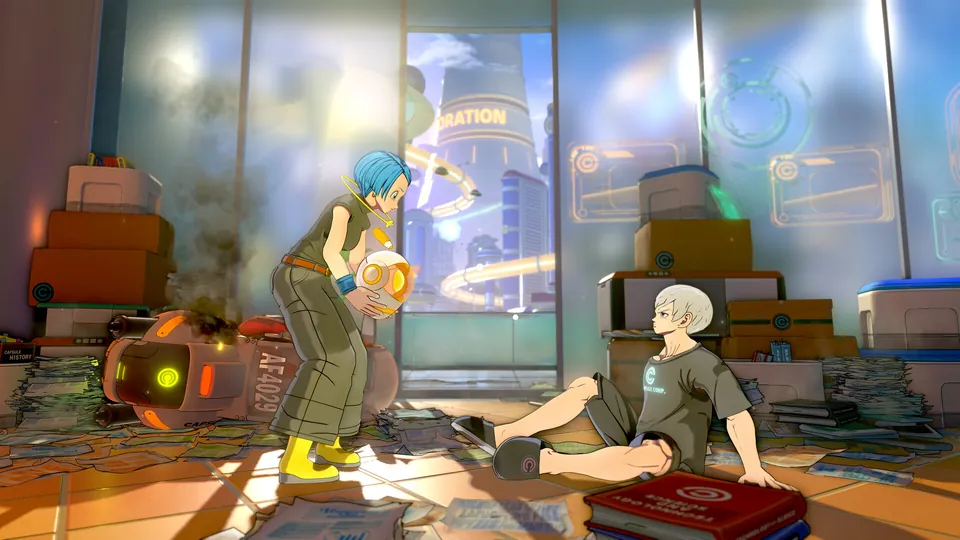 A blue-haired woman holds a smoking robot in a cluttered lab as a white-haired young man sits on the floor