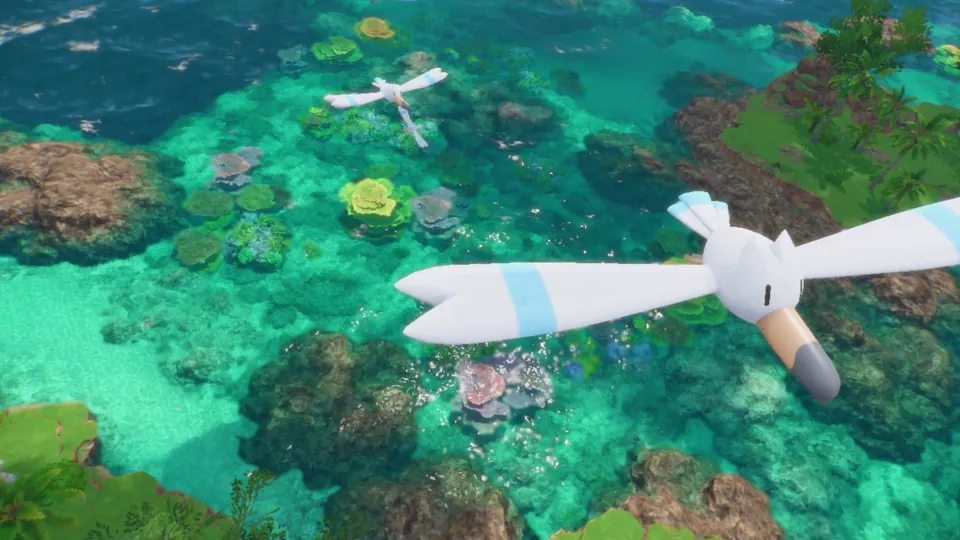 A seabird Pokémon glides low over a coral reef