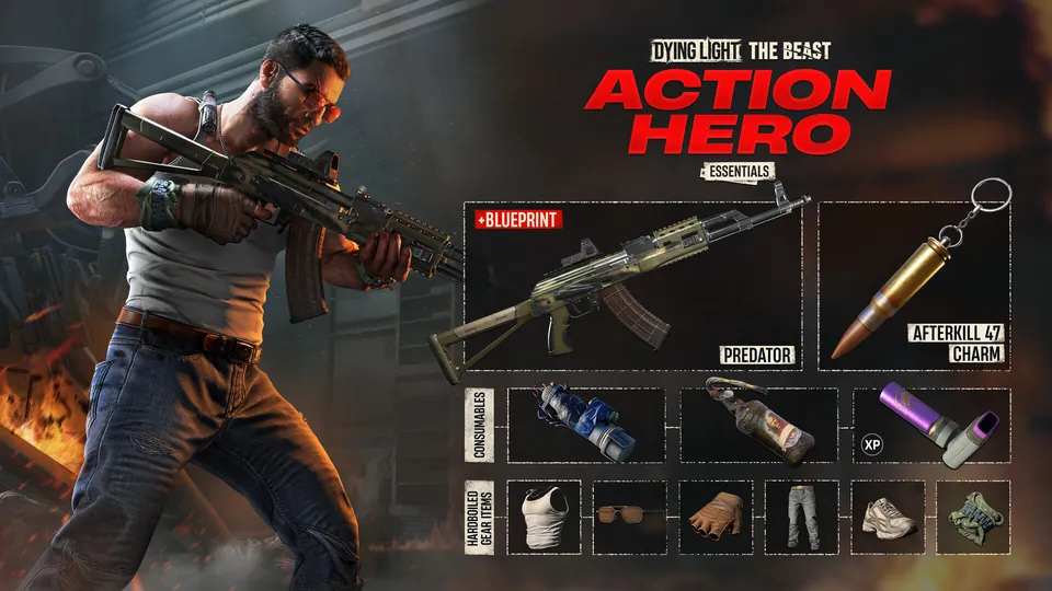 Action Hero Essentials art showing the Predator rifle, the Afterkill 47 charm, consumables and the Hardboiled gear set.