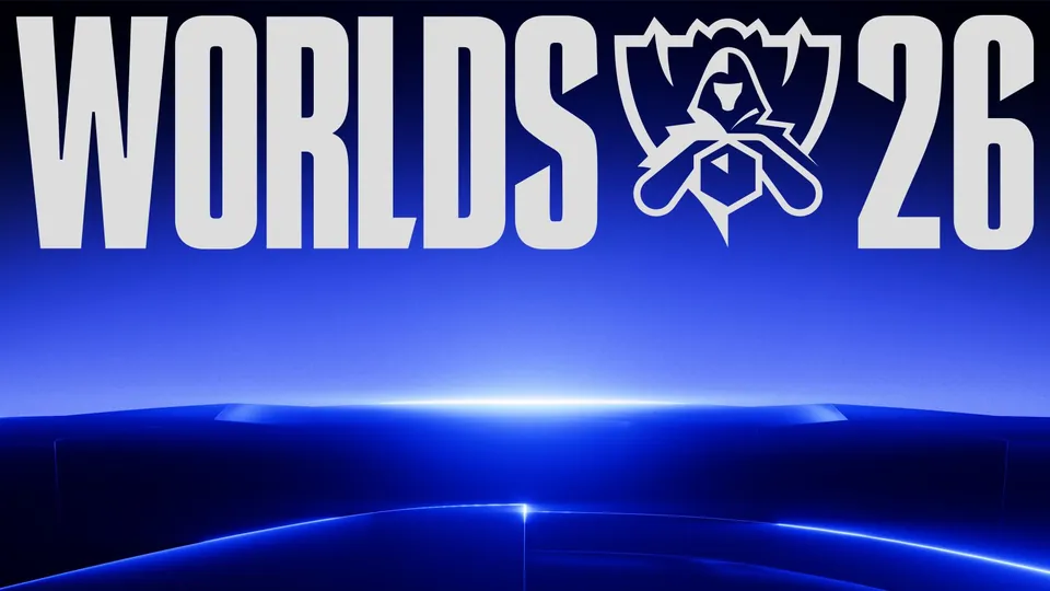 The Worlds 26 logo in white letters over a glowing blue stage