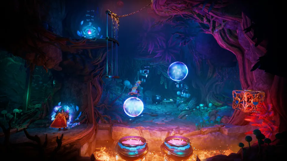 A wizard stands in a dark cave lit by floating blue orbs and bubbling cauldrons in Trine 6