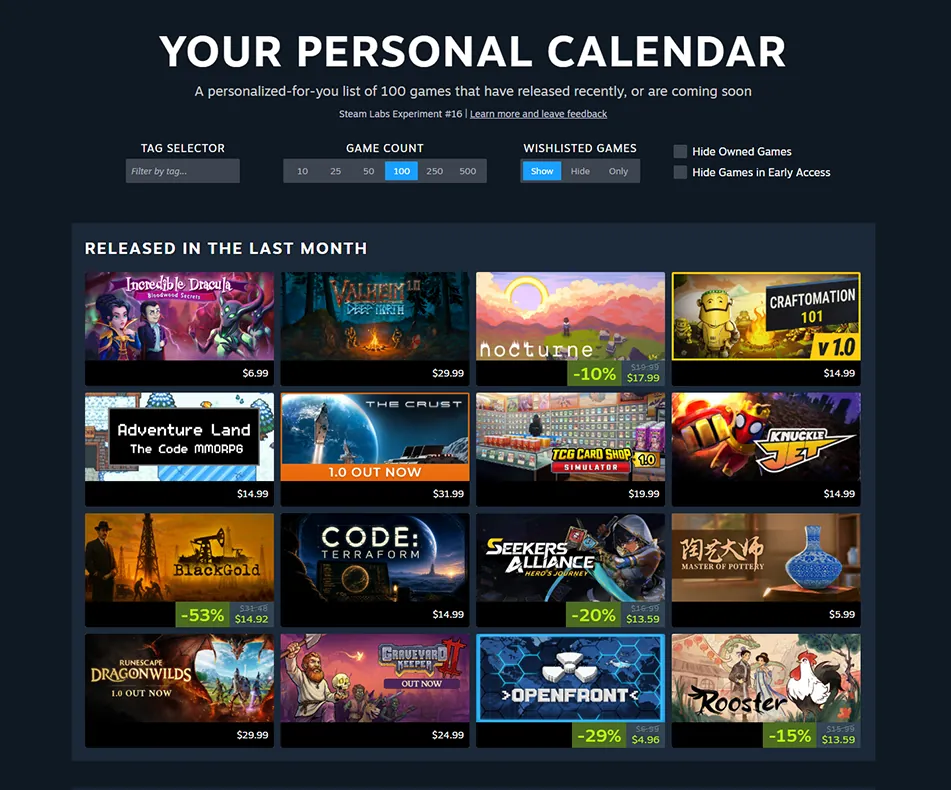 The dedicated Personal Calendar page from the Steam Labs test, with a tag filter, game count and wishlist options above games released in the last month