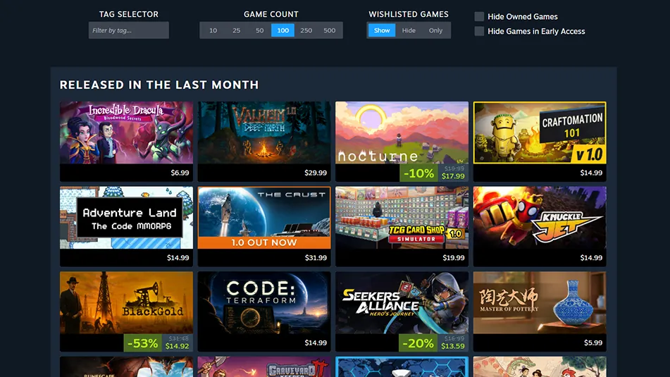 The dedicated Personal Calendar page from the Steam Labs test, with a tag filter, game count and wishlist options above games released in the last month