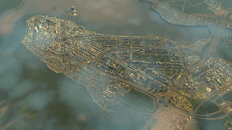 Aerial view of a dense city spreading across a large island, with highways reaching the shore, in Cities: Skylines Expanded Edition
