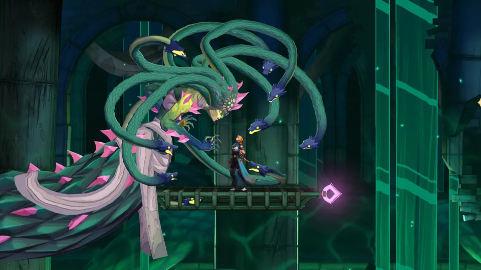 A towering snake-haired boss with a coiled body looms over Rose Belmont on a narrow walkway in a green-lit hall in Castlevania: Belmont’s Curse