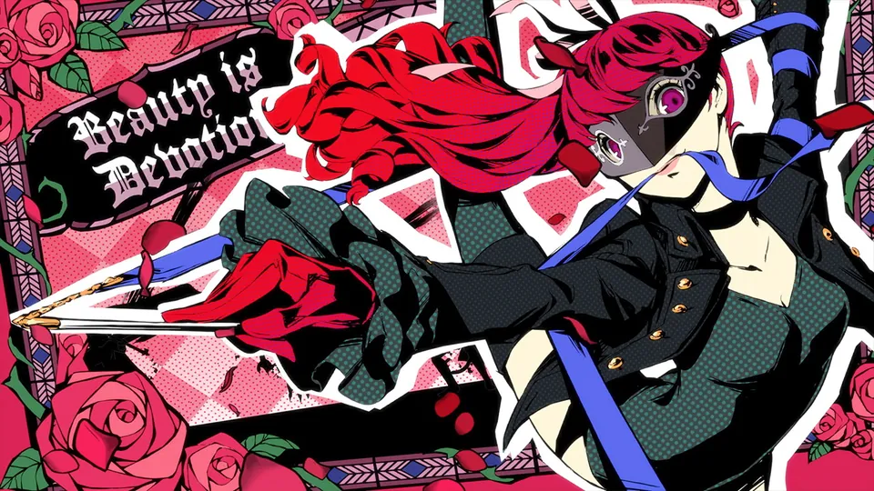 A masked Phantom Thief with red hair strikes a pose over roses in an all-out attack card reading Beauty is Devotion