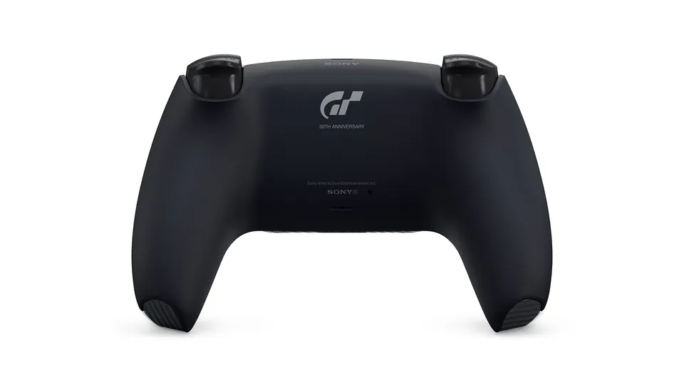 The black back of the Gran Turismo Limited Edition DualSense with the Gran Turismo emblem in the center