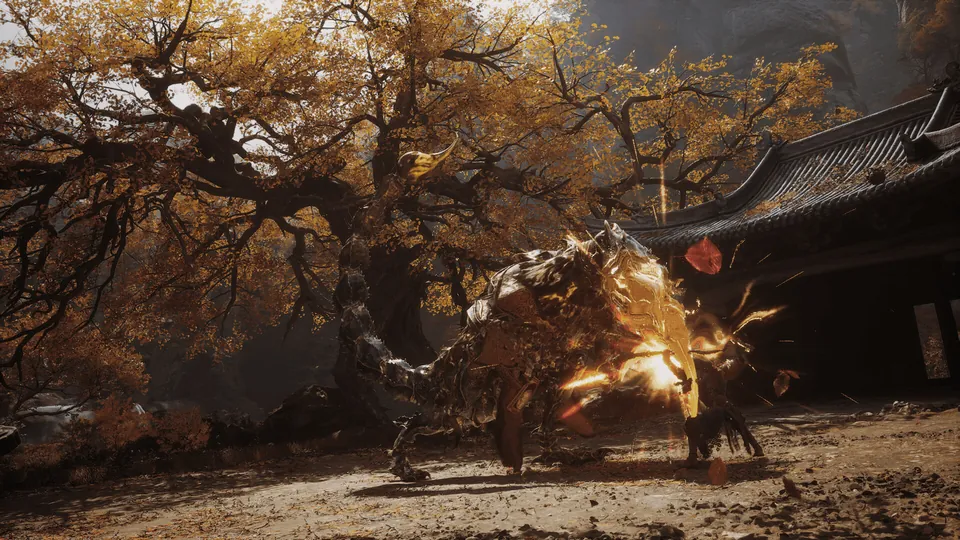 A glowing golden yaoguai charges under autumn trees beside a temple roof