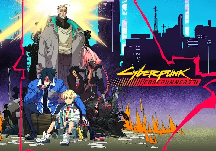 The main cast of Cyberpunk: Edgerunners 2 gathered on a Night City rooftop under a bright sky
