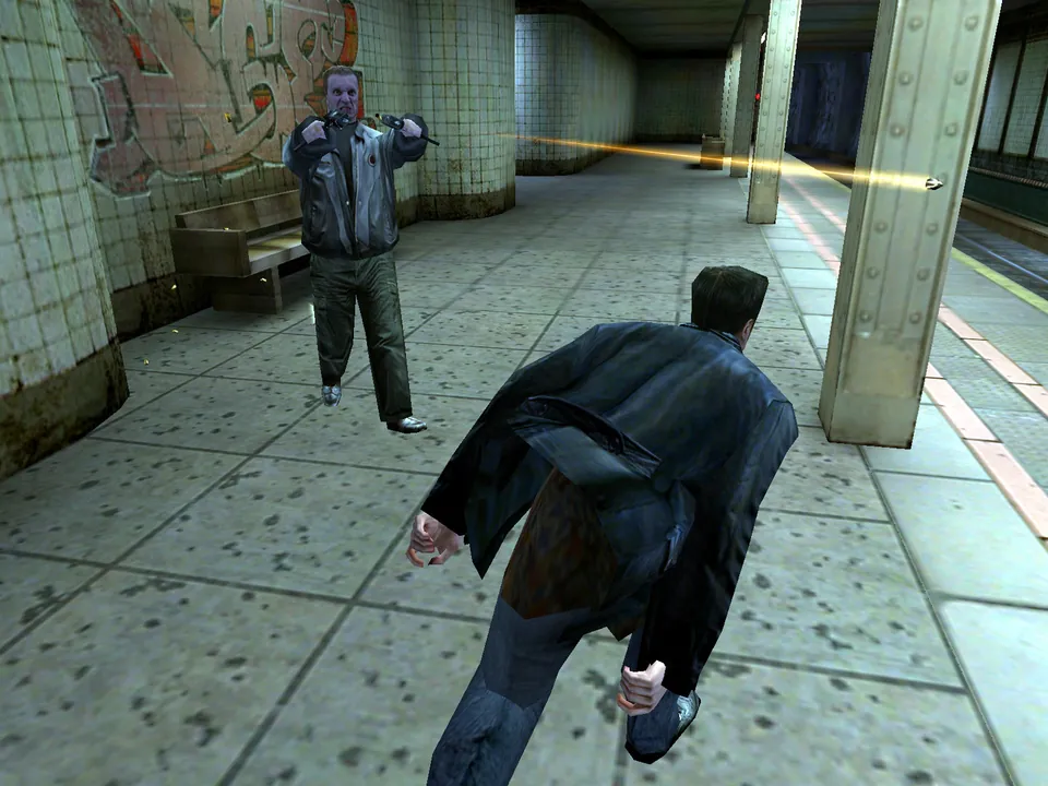 Max Payne runs through a tiled subway station toward a gunman in the original Max Payne