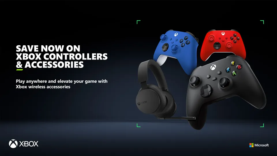 Blue, red and black Xbox Wireless Controllers and an Xbox headset in Microsoft's Black Friday 2025 accessory art