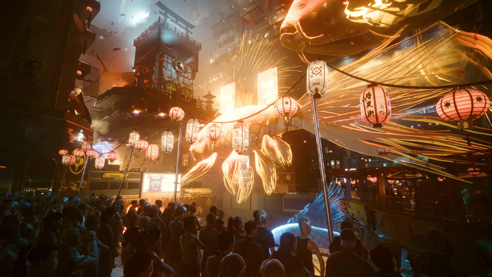 A crowd gathers under paper lanterns and a giant glowing golden fish at a street festival in Night City in Cyberpunk 2077 on Nintendo Switch 2