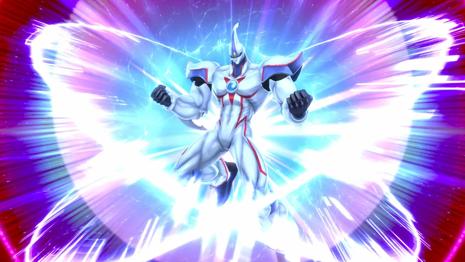 A white armored HERO monster appears in a fully animated summoning scene in Yu-Gi-Oh! Tag Force GX