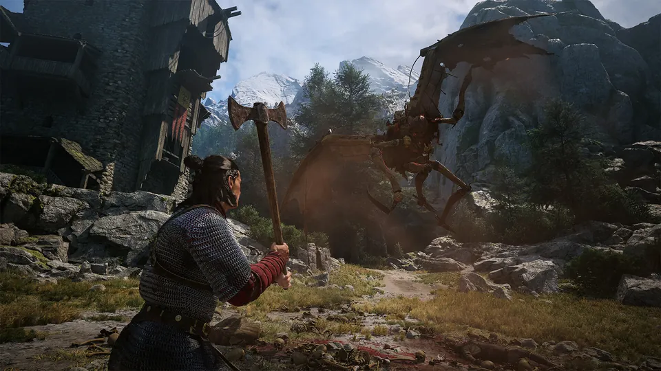 The Blood of Dawnwalker screenshot: a warrior with an axe faces a giant wooden siege machine in a mountain valley