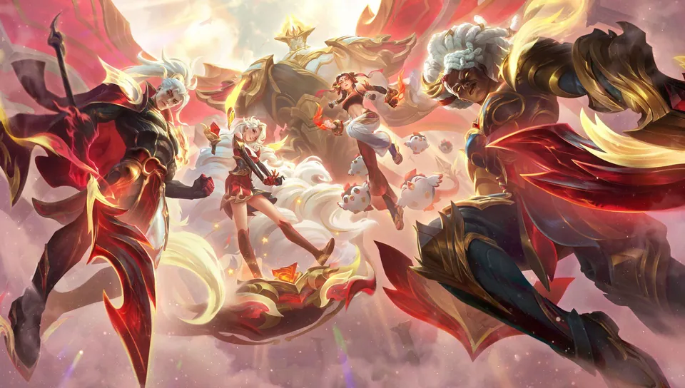 T1 Ambessa, T1 Galio, T1 Seraphine, T1 Xin Zhao and T1 Yunara charge through clouds in red, white and gold outfits