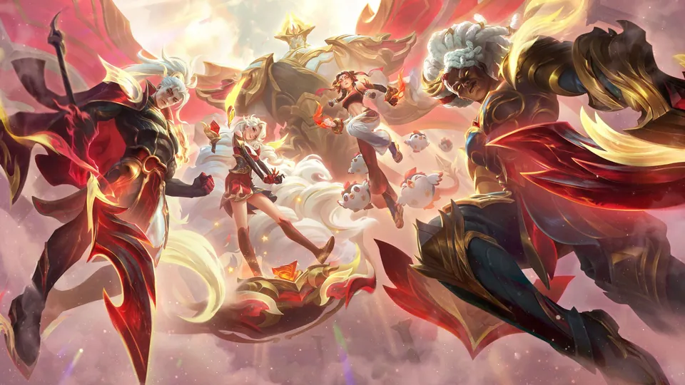T1 Ambessa, T1 Galio, T1 Seraphine, T1 Xin Zhao and T1 Yunara charge through clouds in red, white and gold outfits