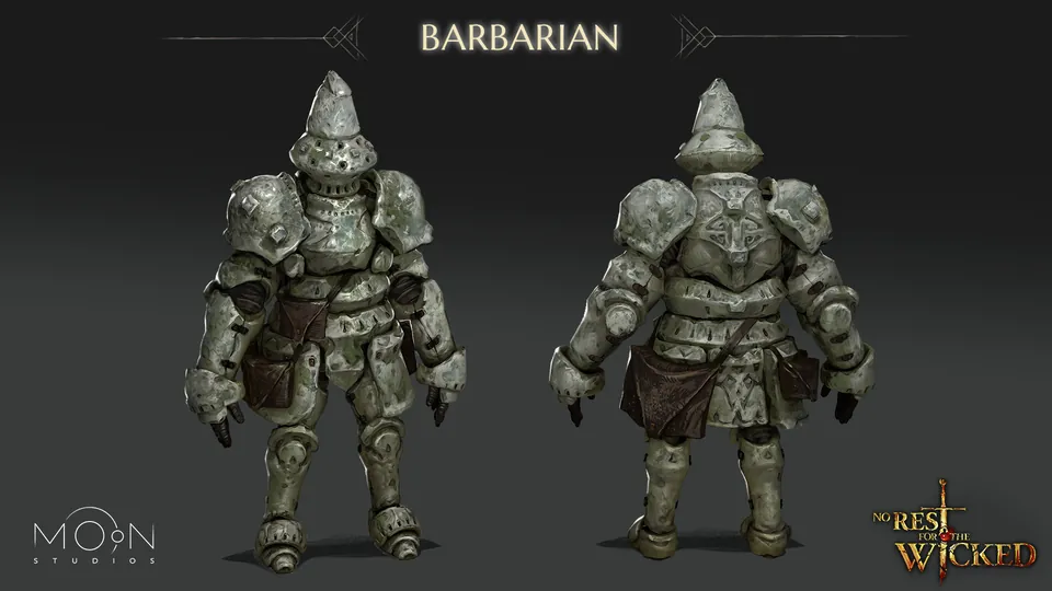 Front and back views of the heavy Barbarian class armor in No Rest for the Wicked