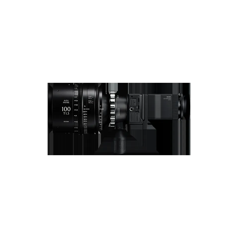 Sigma FP2 rigged as a cinema camera with a large Sigma Aizu Prime 100mm T1.3 lens, a handle below and a viewfinder on the back