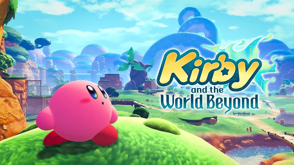 Kirby on a grassy hill next to the Kirby and the World Beyond logo