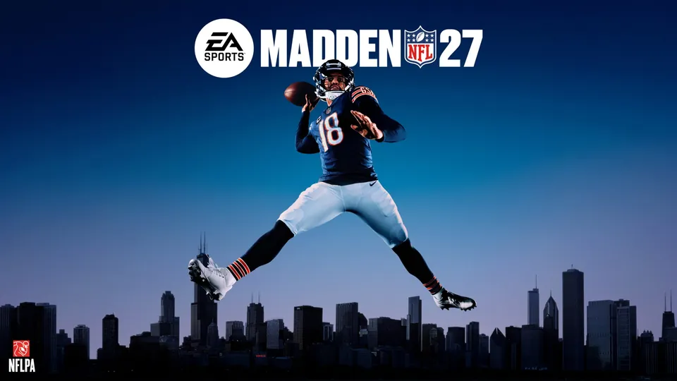 Caleb Williams in a Chicago Bears uniform leaps to throw a pass above the Chicago skyline in Madden NFL 27 key art