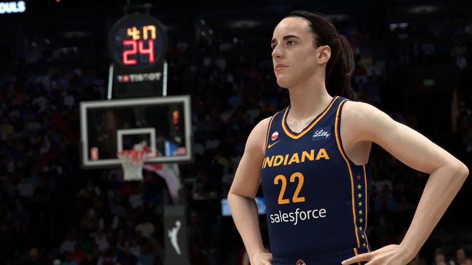 Caitlin Clark in an Indiana Fever jersey stands on the court in NBA 2K27