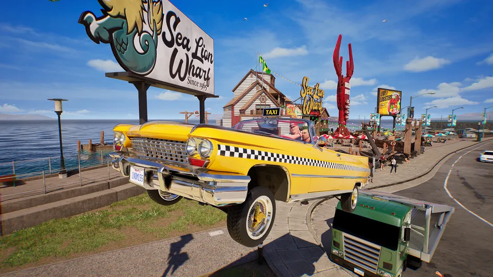 A yellow convertible taxi leaps past a truck in front of a Sea Lion Wharf sign on a seaside street in Crazy Taxi: World Tour