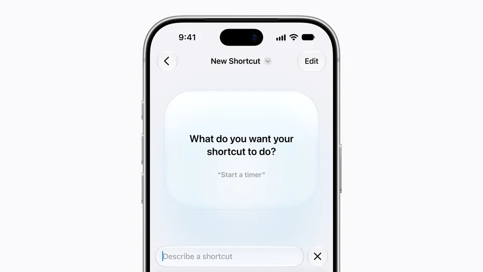 An iPhone showing the Shortcuts app asking what the new shortcut should do, with a Describe a shortcut text field