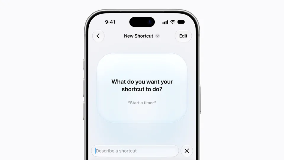 An iPhone showing the Shortcuts app asking what the new shortcut should do, with a Describe a shortcut text field