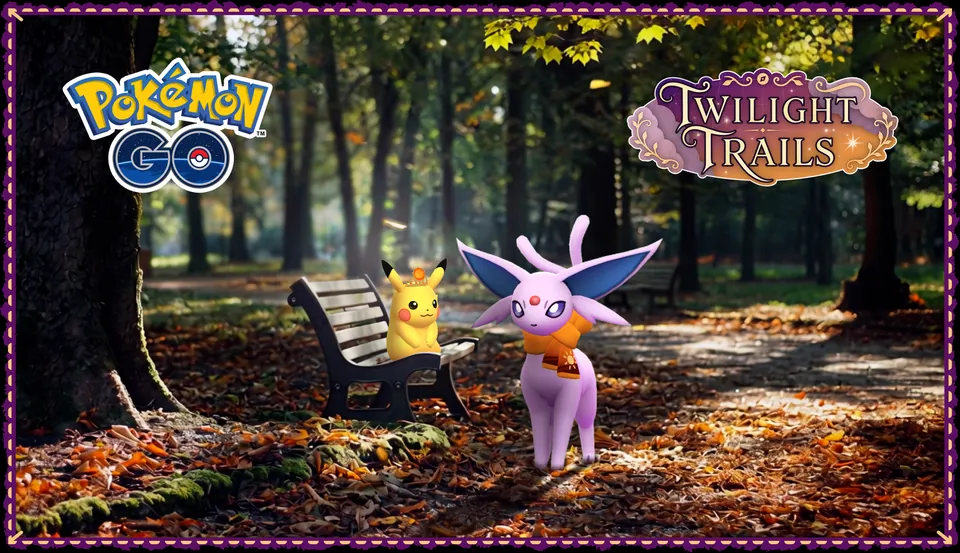 Pikachu sits on a park bench as Espeon stands among autumn leaves in Pokémon GO's Twilight Trails art