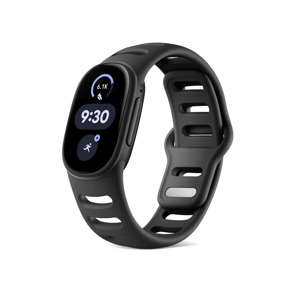The Fitbit Edge in Obsidian with a black Active Sport band, showing 9:30 and a step count on its screen