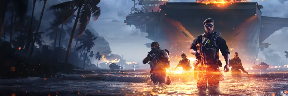 Battlefield 6 soldiers wade ashore from a burning aircraft carrier in EA's Season 4 Naval Warfare art