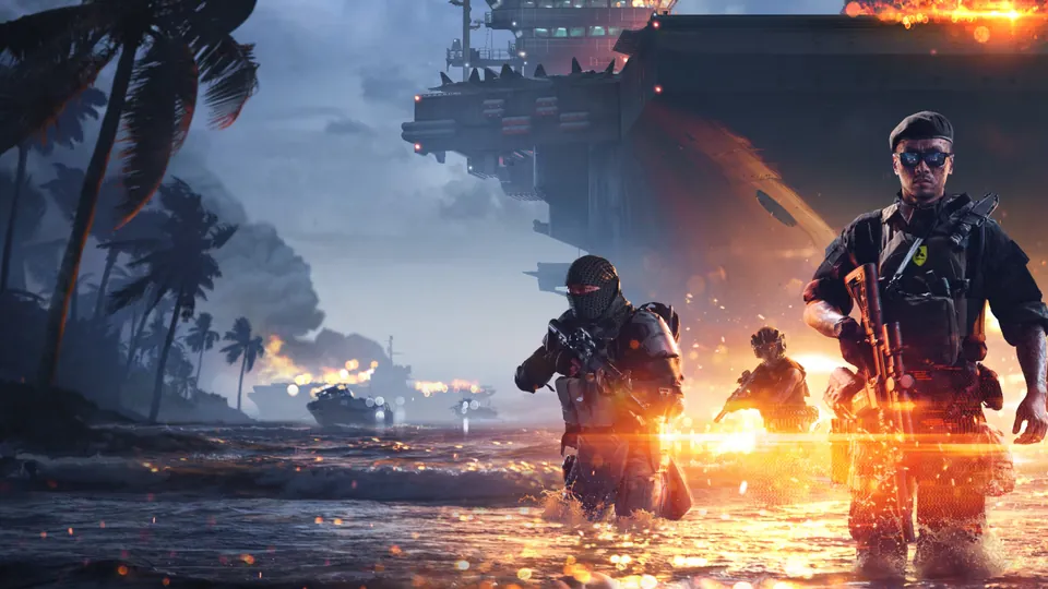 Battlefield 6 soldiers wade ashore from a burning aircraft carrier in EA's Season 4 Naval Warfare art