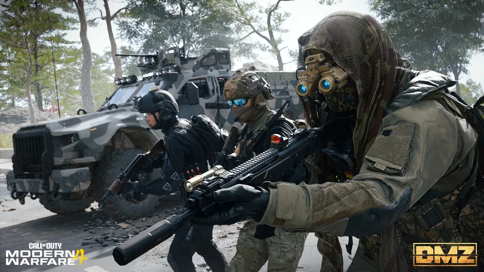 A DMZ squad in masks and night-vision goggles moves past an armored truck in a forest