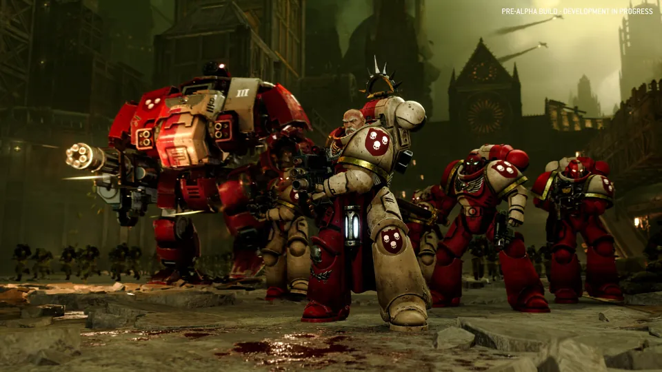 Red and bone-colored Space Marines with a Dreadnought in Total War: Warhammer 40,000