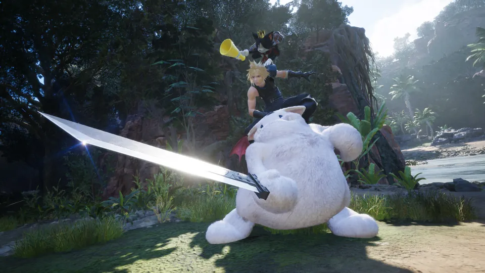 Cait Sith rides a giant white moogle and swings a long sword on a beach in Final Fantasy VII Rebirth on Nintendo Switch 2