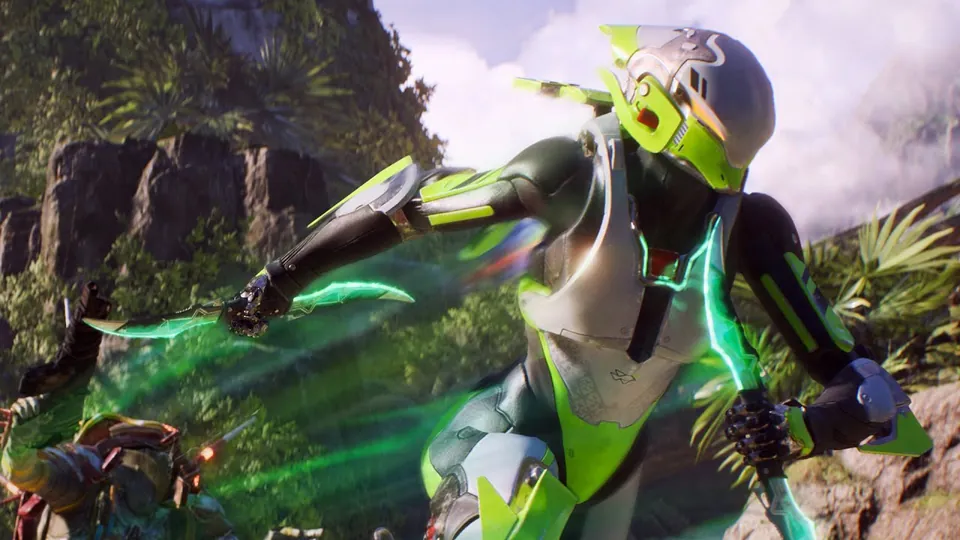 A green and white Interceptor javelin swings glowing blades in a jungle in the Anthem launch trailer