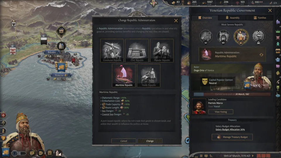 Change Republic Administration window with Communal, Civic, Popular, Maritime and Noble Republic options beside the Venetian Republic government panel