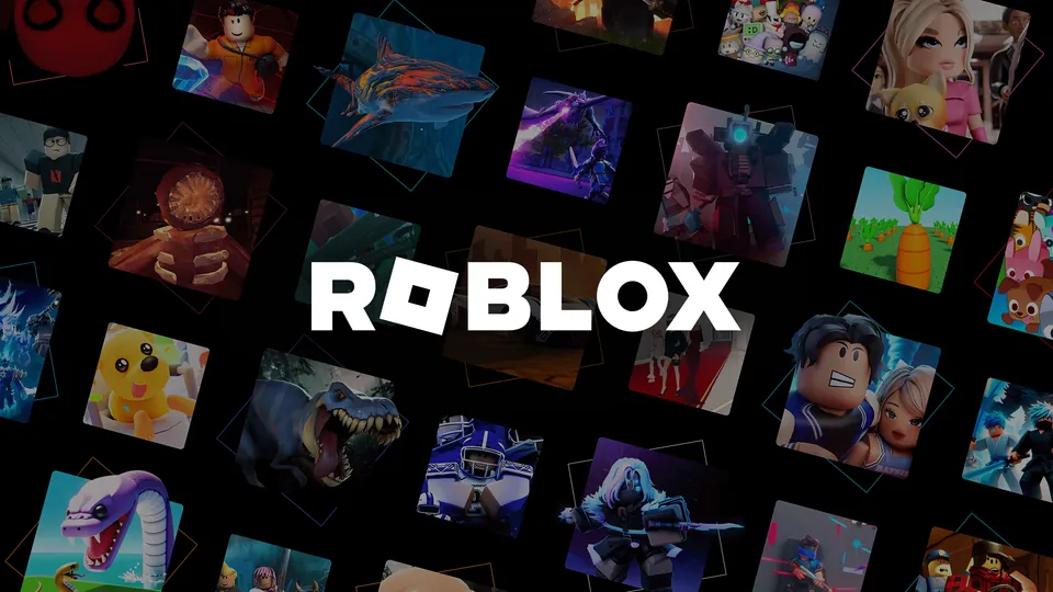 The Roblox logo over a grid of tilted Roblox game thumbnails on a black background