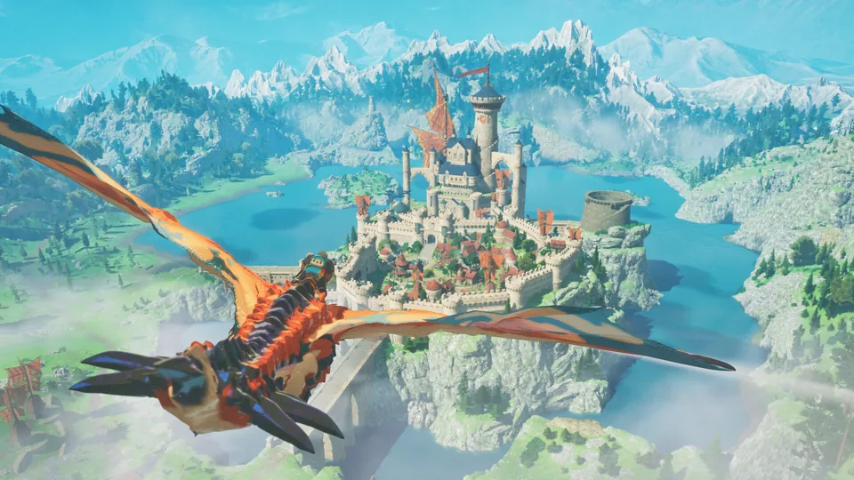 A Rathalos flies over a lakeside castle and snowy mountains in Monster Hunter Stories 3