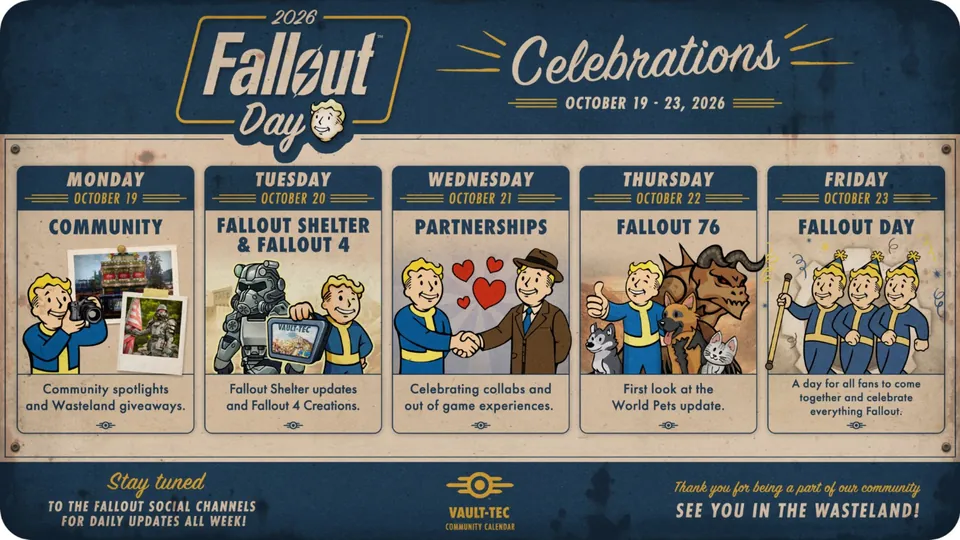 Bethesda's Fallout Day 2026 calendar, with Vault Boy illustrations for each day from Monday, Oct. 19, to Friday, Oct. 23