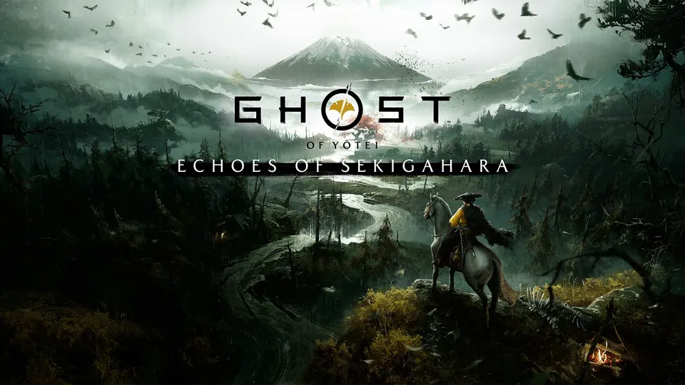 A rider on horseback overlooking a misty valley under the Ghost of Yōtei: Echoes of Sekigahara logo
